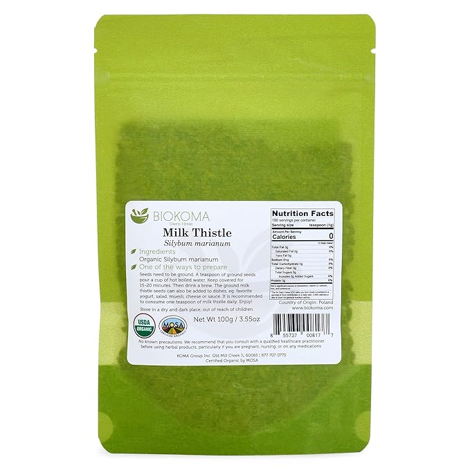 Biokoma Pure and Organic Milk Thistle Whole Seeds 100g (3.55oz) in Resealable Moisture Proof Pouch, USDA Certified Organic - Herbal Tea, No Additives