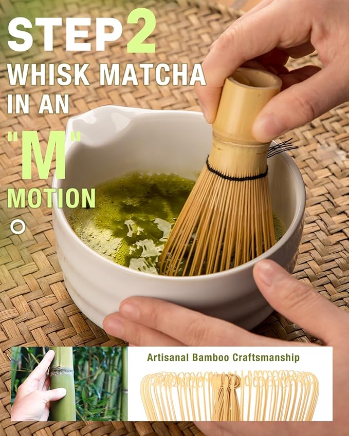 White Matcha Whisk Set - 5PCS Matcha Set Includes 17OZ Chawan with Spout, Bamboo Chasen Whisk with Ceramic Holder, Mat cha Scoop and Stainless Sifter, Matcha Kit for Ceremony, Gift for Matcha Lovers