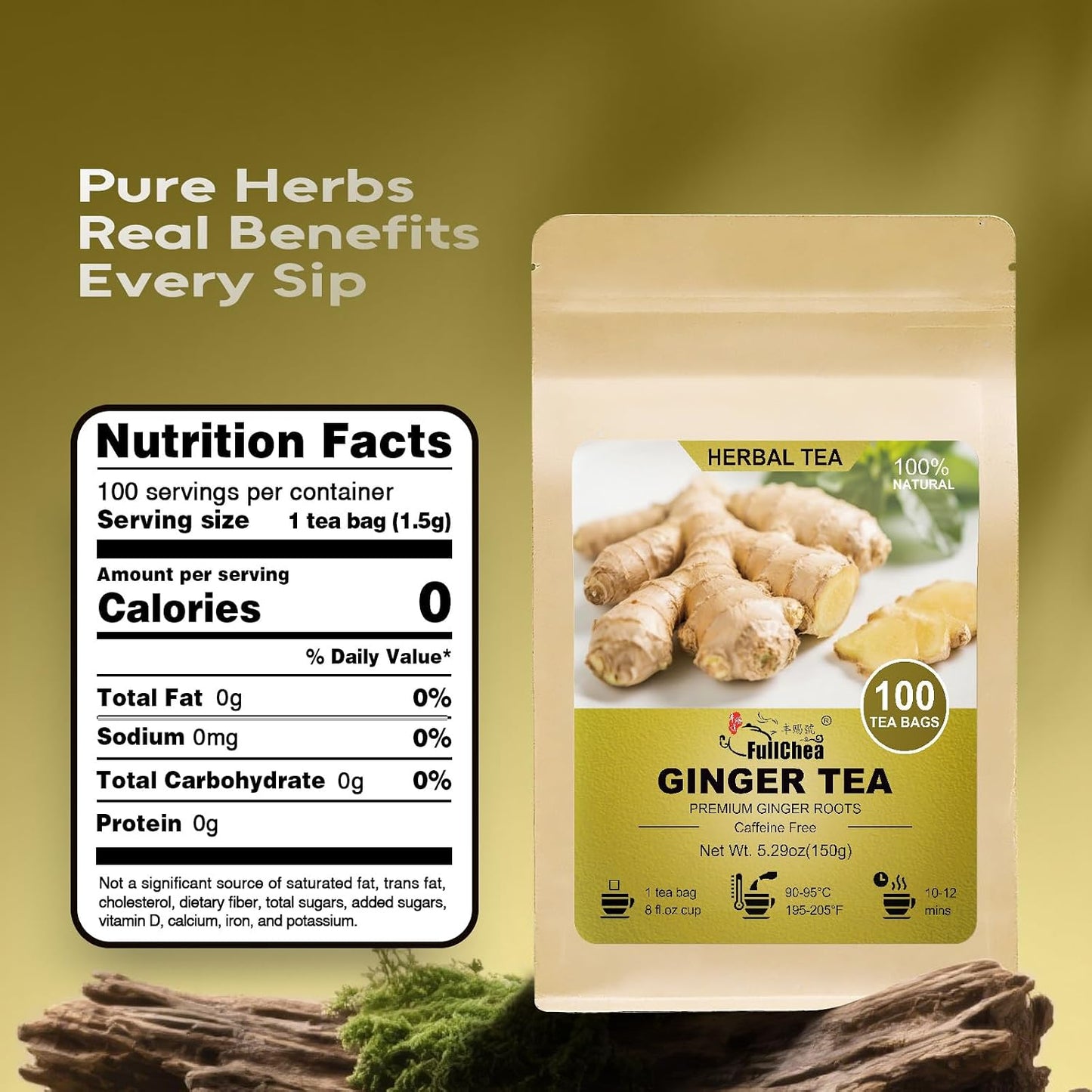 FullChea Ginger Tea Bags, 100 Counts, Te De Jengibre, Non-GMO | Pure Ginger Root, Warm &amp; Spicy, Caffeine-Free, Support Digestion &amp; Boost Immunity, No Additives, Resealable Pouch