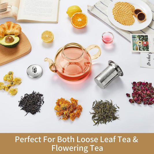 DOPUDO Glass Teapot with Infuser, 40 oz Borosilicate Tea Kettle | Clear borosilicate glass with removable 18/8 steel infuser for stovetop brewing of loose-leaf, herbal, and blooming tea.