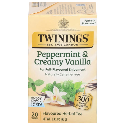 Twinings Peppermint &amp; Creamy Vanilla Herbal Tea Bags, 20 CT Box (1 Pack) | Formerly Buttermint, Minty &amp; Creamy, Naturally Caffeine-Free, 20 Foil Lined Individually Wrapped Bags, Enjoy Hot or Iced