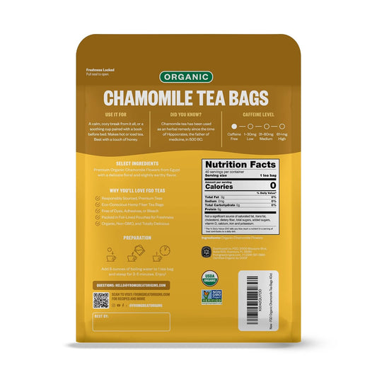 FGO Organic Chamomile Tea, 40 Count, Eco-Conscious Tea Bags, Resealable Bag (Pack of 1)