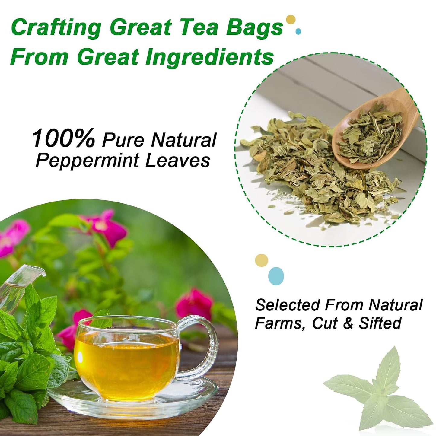 FullChea Peppermint Tea Bags, 50 Counts, Te De Menta, Non-GMO | Pure Menta Piperita, Refreshing &amp; Minty, Caffeine-Free, Freshen Breath &amp; Aid Digestion, No Additives, Resealable Pouch