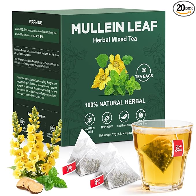 Natural Mullein Tea Bags – Mullein Leaf & Mint Herbal Blend, Caffeine-Free, 20 Bags