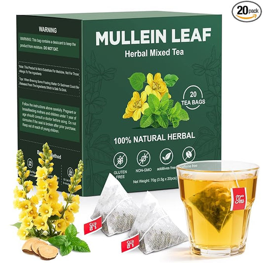 Natural Mullein Tea Bags – Mullein Leaf & Mint Herbal Blend, Caffeine-Free, 20 Bags
