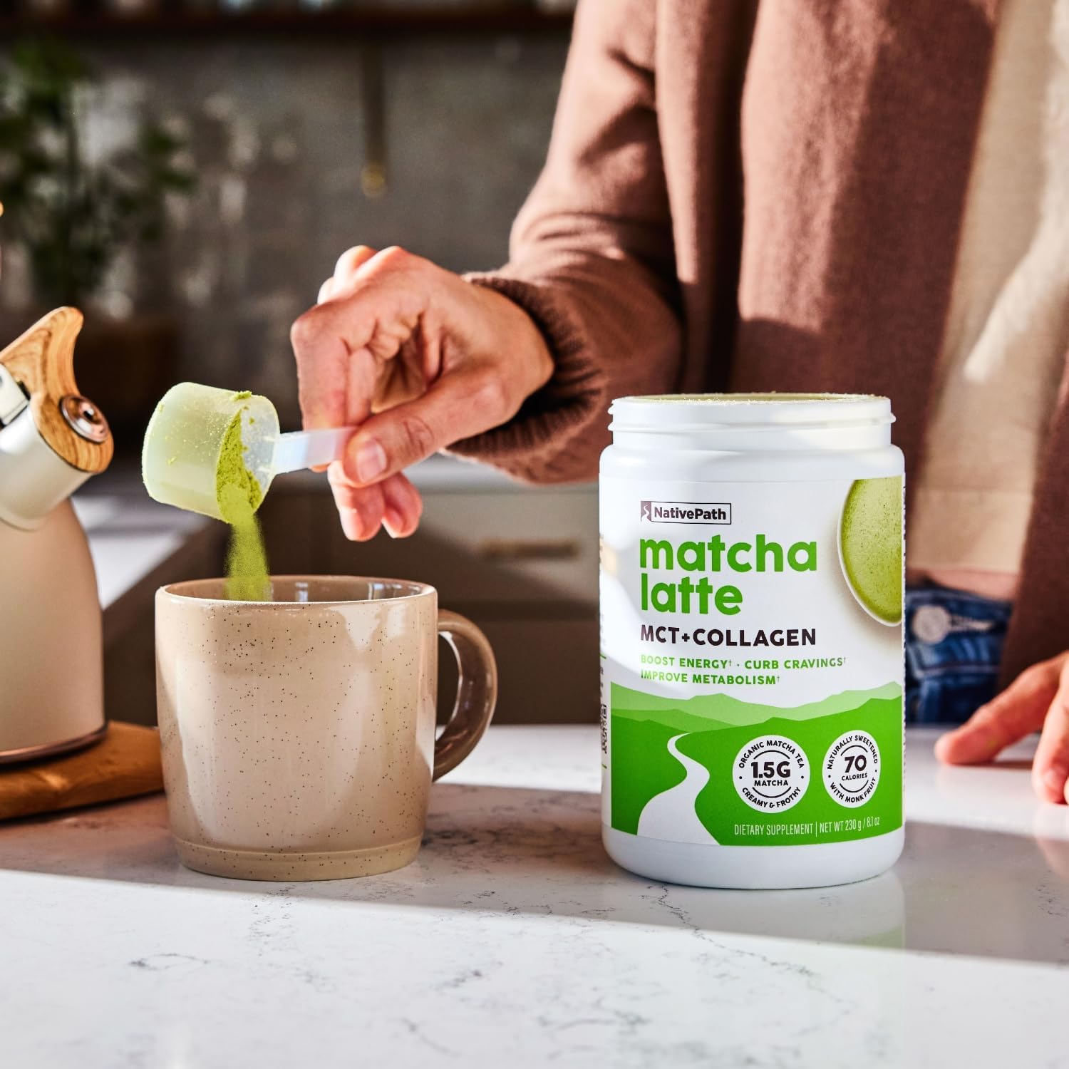 NativePath Matcha Latte Collagen Peptides with MCT Oil - Grass-Fed Collagen & Organic Matcha for Energy & Focus - Keto, No Gluten or Dairy (8.1 oz)