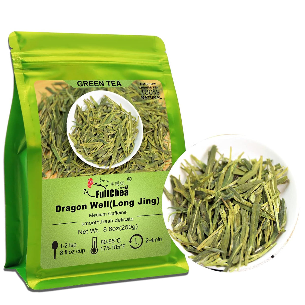 FullChea - Longjing Tea - Dragonwell Tea - Chinese Green Tea Loose Leaf - Toasty Bean Aromatic - Lung Ching Dragon Well