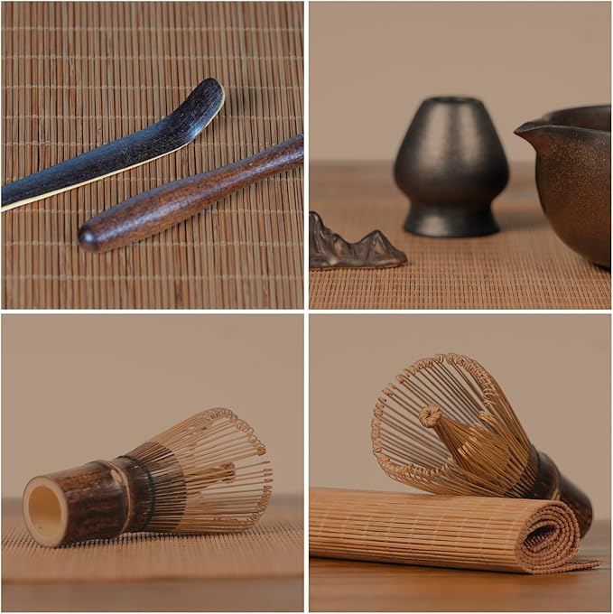 7-Piece Matcha Set with Ceramic Matcha Bowl, Bamboo Whisk (Chasen) & Holder, Sifter, Tea Scoop & Rest, Special Bamboo Tea Mat - Perfect Matcha Kit for Matcha Lovers & Gift Giving, Gilded