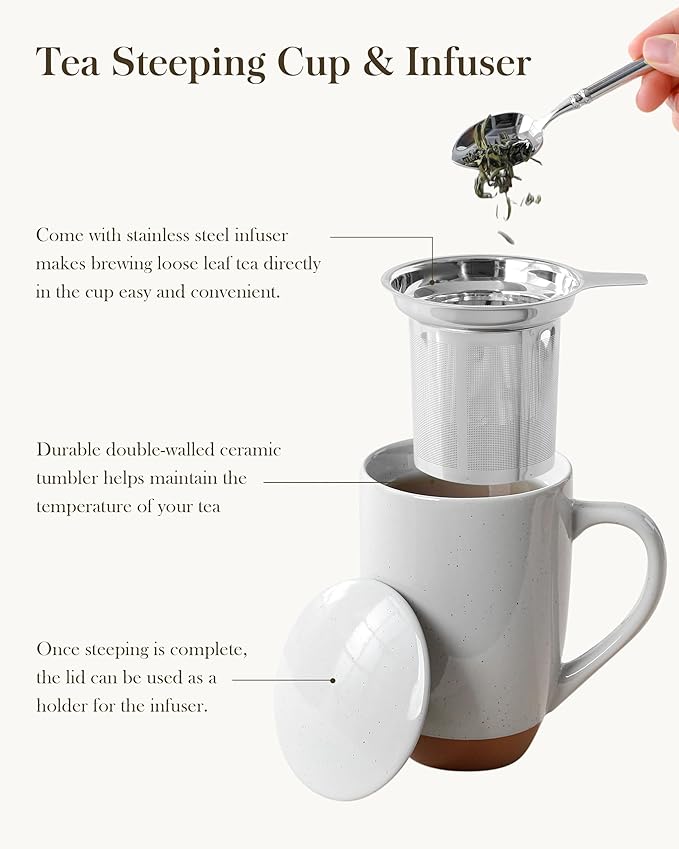 Malacasa Ceramic Tea Mug with Lid and Stainless Steel Infuser, 18 oz Large Tea Cup for Loose Leaf Tea, Heat-Resistant, Microwave & Dishwasher Safe