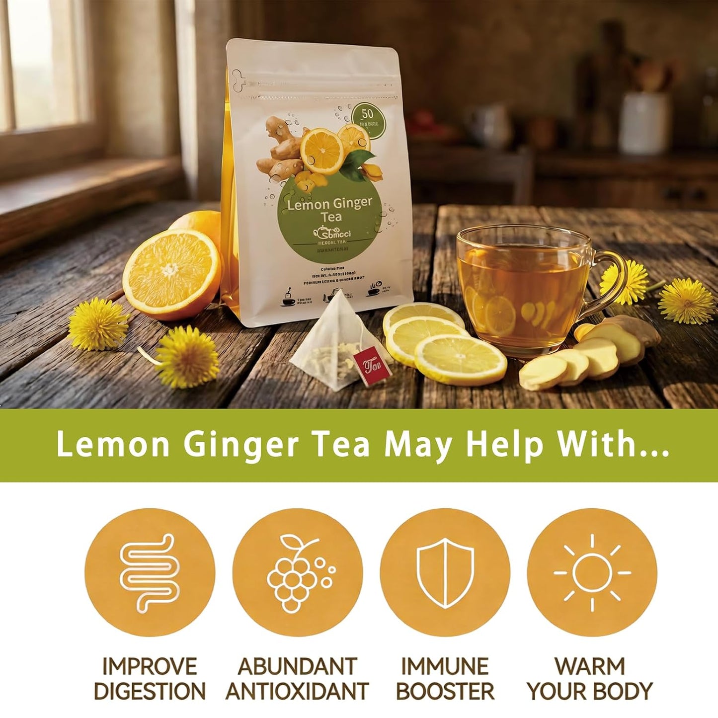 Samcci Lemon Ginger Tea Bags, 50 Counts, Non-GMO, Caffeine-Free