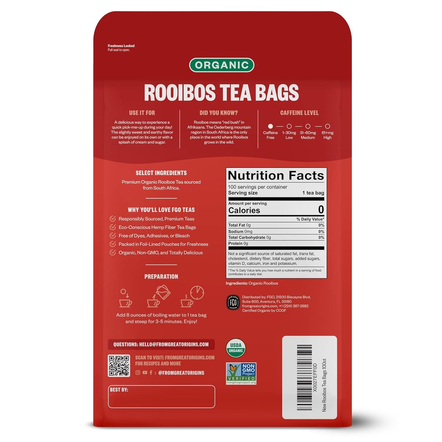 FGO Organic Rooibos Tea, 100 Count, Eco-Conscious Tea Bags, Caffeine Free, Packaging May Vary (Pack of 1)