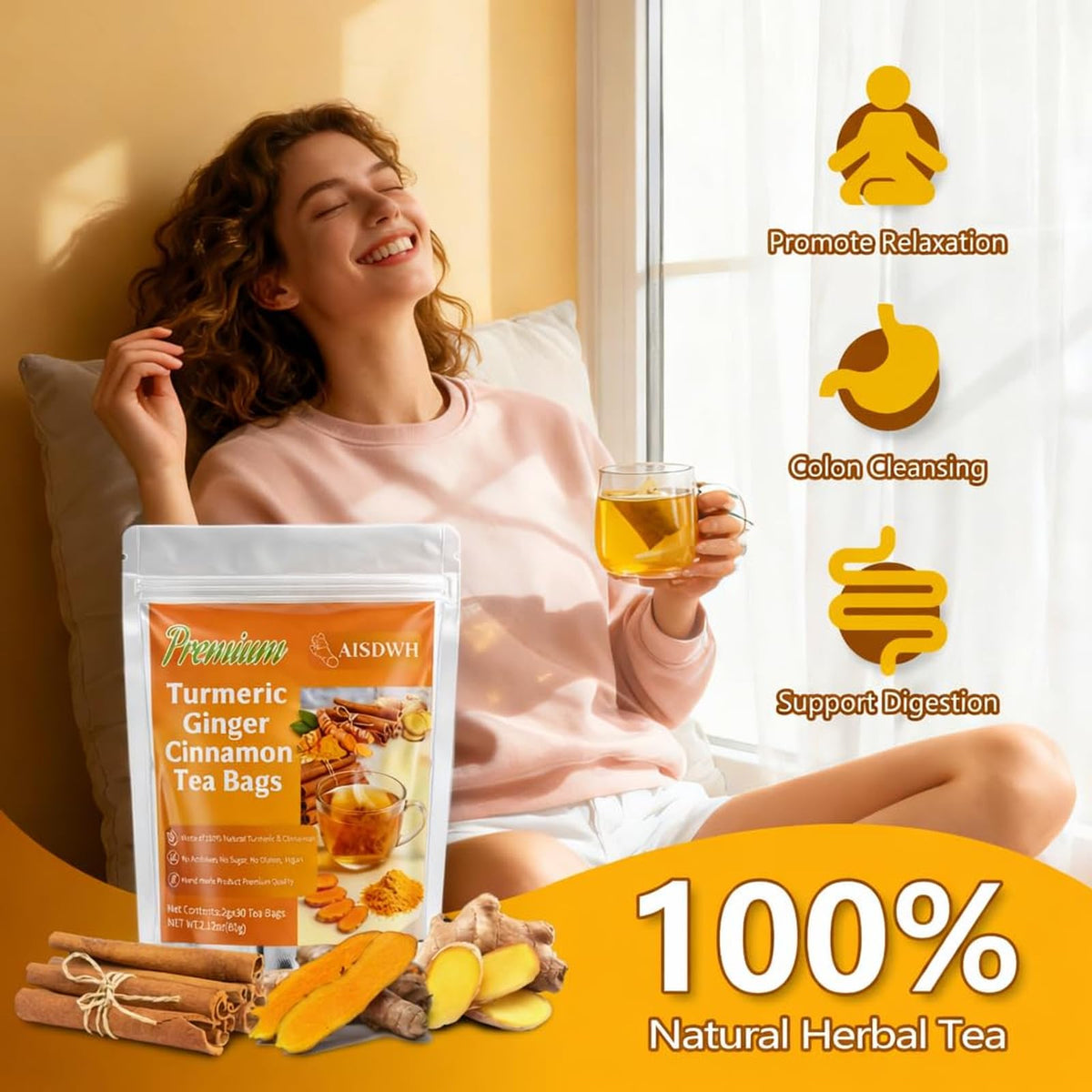 AISDWH, 60 Premium Turmeric Ginger Cinnamon Tea Bags, Caffeine-Free