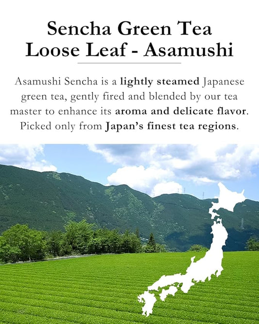 Emptea Sencha Japanese Green Tea Loose Leaf - Asamushi Light Steamed First Harvest Tea Masters Blend Oragnic Unsweetened Japanese Green Tea 2.82 oz (80g)