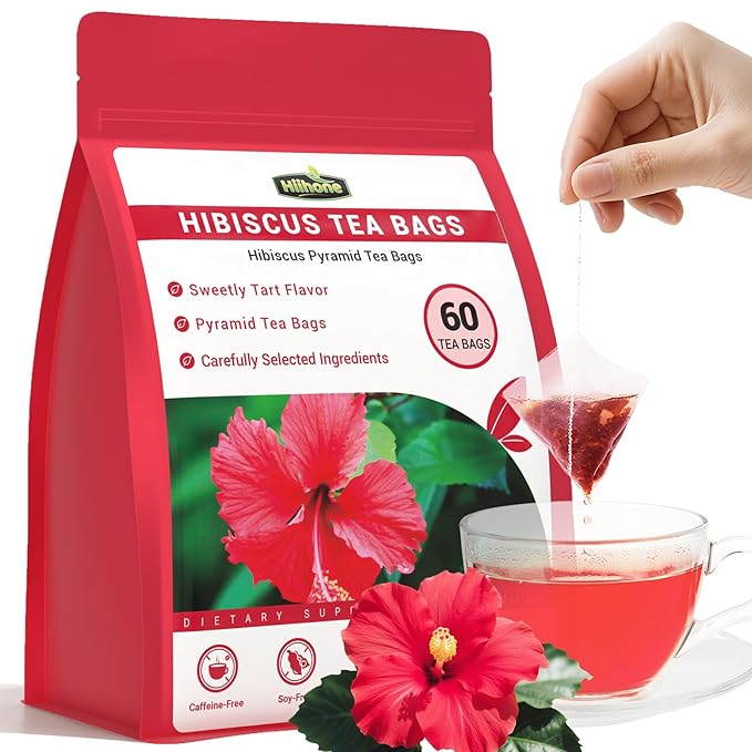 Hibiscus Tea Bags, Hibiscus Flower Herbal Tea - Rich in Vitamin C, Caffeine Free,Sugar Free, 60 Teab