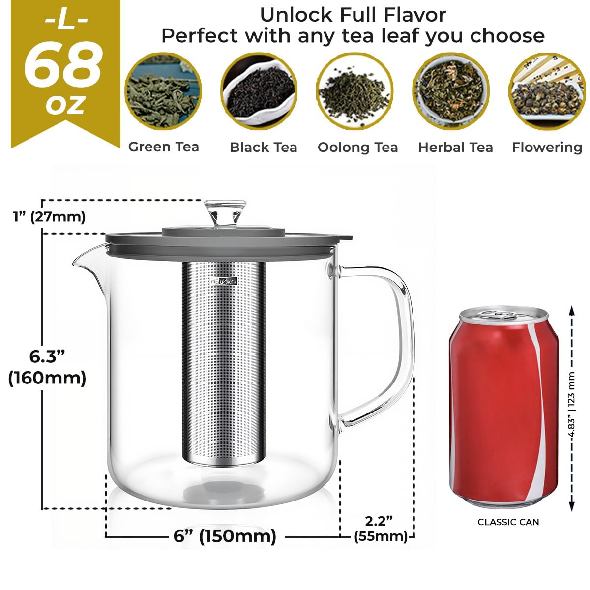 Aquach 68oz Glass Tea Pot with Infuser, Stovetop Safe Borosilicate Teapot