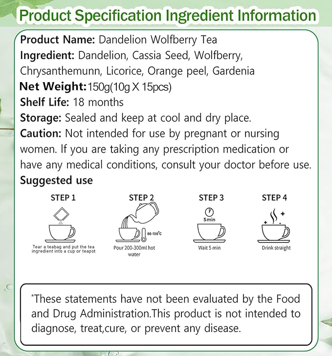 15Bags Dandelion Wolfberry Tea, Natural Kidneys & Liver Health Goji Berry Chrysanthemum Cassia Seed Tea, Seven Natural Herbal Ingredients