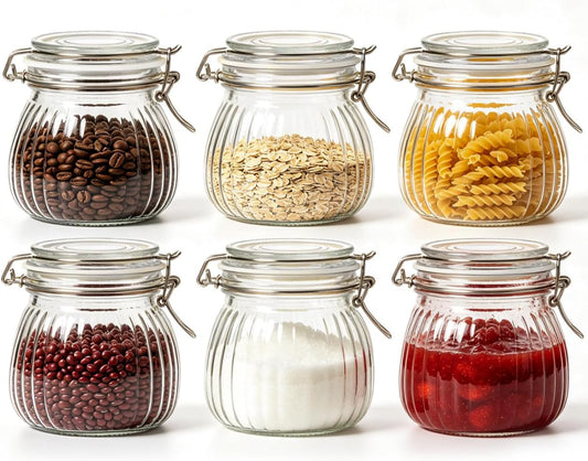 ComSaf Ribbed Glass Jars with Airtight Lids 17oz 6 Pack Wide Mouth Pickling | BPA-free food-grade glass, ribbed vintage texture, wide-mouth pickling, overnight oats, garnish &amp; small jars
