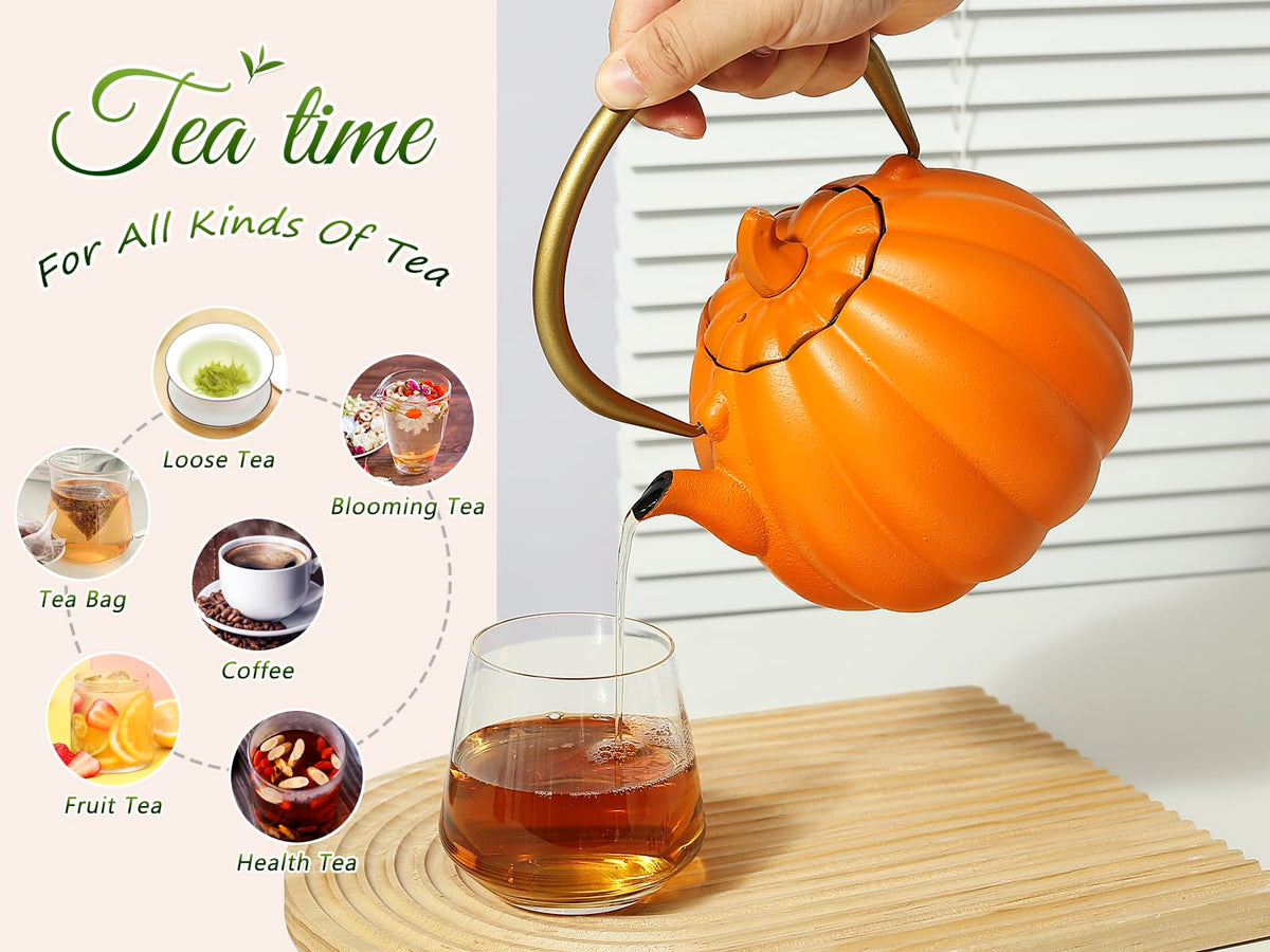 VICSKY Orange Pumpkin Cast Iron Teapot - Japanese Tetsubin Tea Kettle Stovetop Safe | Enameled Interior & Extended Infuser