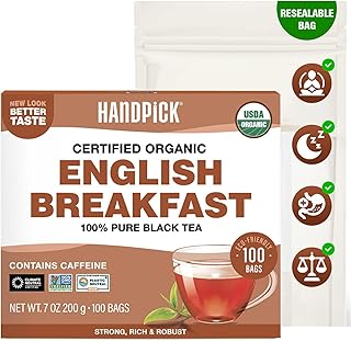 HANDPICK, Organic English Breakfast Black Tea Bags (100 Count) USDA Organic, Non-GMO | Strong, Robust, High-Caffeine Black Tea | Eco-conscious Tea Bags, Brew English Breakfast Tea & Kombucha Tea