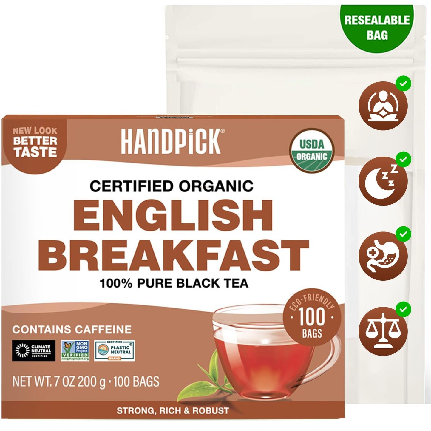 Handpick, Organic English Breakfast Black Tea Bags (100 Count) USDA Organic, Non-GMO, Strong, Robust, High-Caffeine Black Tea, Eco-conscious Tea Bags