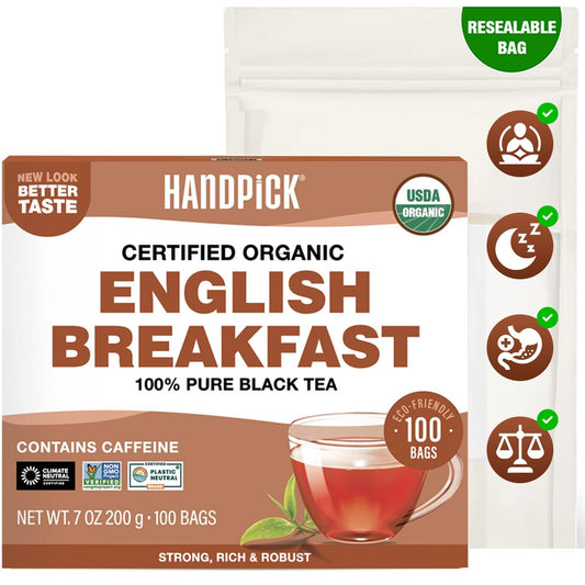 Handpick, Organic English Breakfast Black Tea Bags (100 Count) USDA Organic, Non-GMO, Strong, Robust, High-Caffeine Black Tea, Eco-conscious Tea Bags