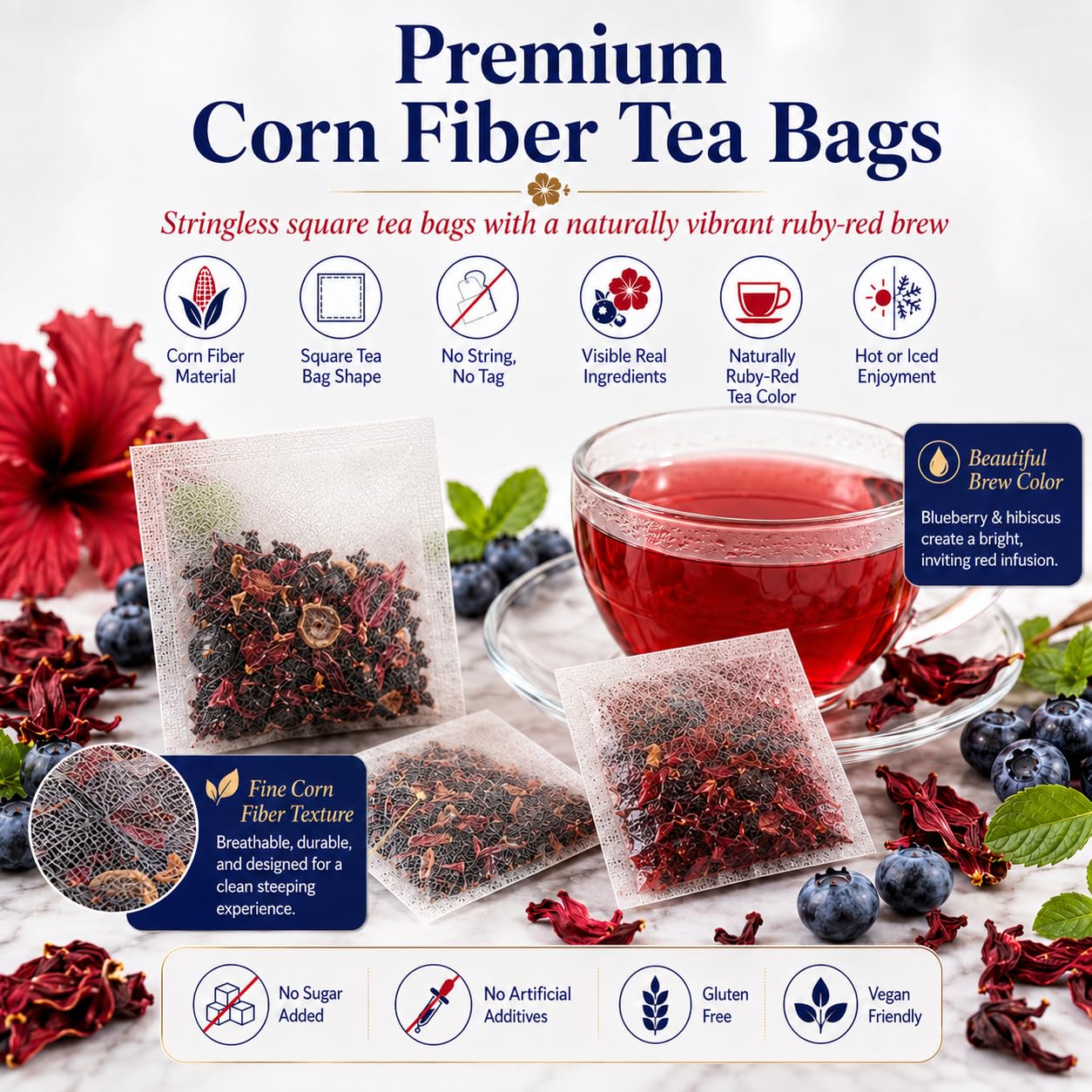 WOTIHA 60 Count Premium Blueberry Hibiscus Tea Bags - 100% Natural, Sweet &amp; Tangy Flavor, Rich in Antioxidants, Enjoy Hot or Iced, Caffeine-Free, Additive-Free, Sugar-Free, Vegan