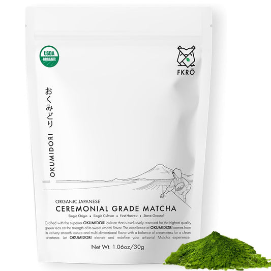FKRO Organic Okumidori Ceremonial Grade Matcha Green Tea Powder | Award-Winning Family Farm, Direct from Japan | Single Cultivar 1st Harvest | Stone-Ground, Air-Flown Monthly | 30g Pouch