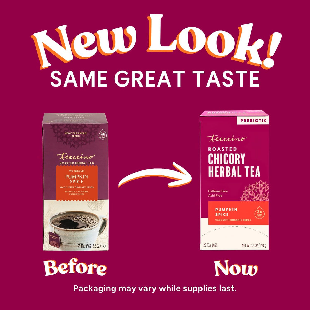 Teeccino Pumpkin Spice Herbal Tea - Rich & Roasted Autumn Harvest Tea That’s Caffeine Free & Prebiotic for Delicious Comfort