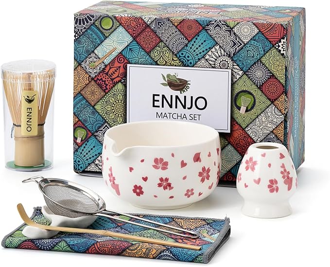 7 Pcs Matcha Kit: Ceramic Matcha Bowl with Spout, Bamboo Whisk And Scoop, Stainless Steel Sifter, Holder, Rest And Tea Towel. Elegant Matcha Whisk Set for Beginners And Gifting