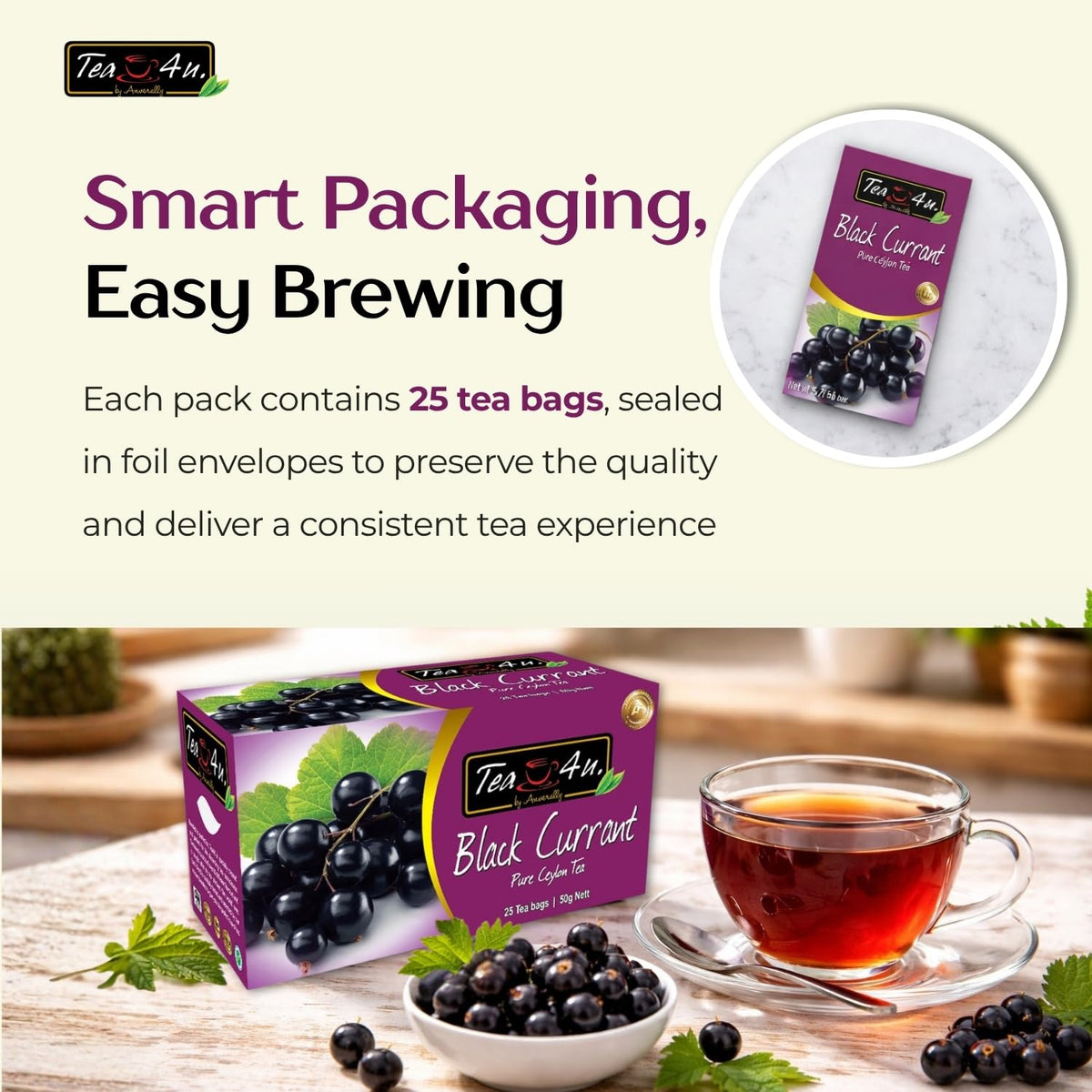 Tea4U Black Currant Flavored Ceylon Tea Bags - Fruity Blend - 25 Count