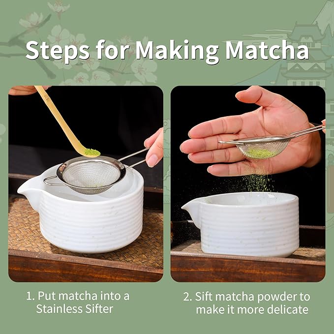Matcha Whisk Set, Matcha Whisk and Holder, Stainless Sifter & Bamboo Scoop, Towel, 7 PCS Matcha Starter Kit for Matcha Lovers, White