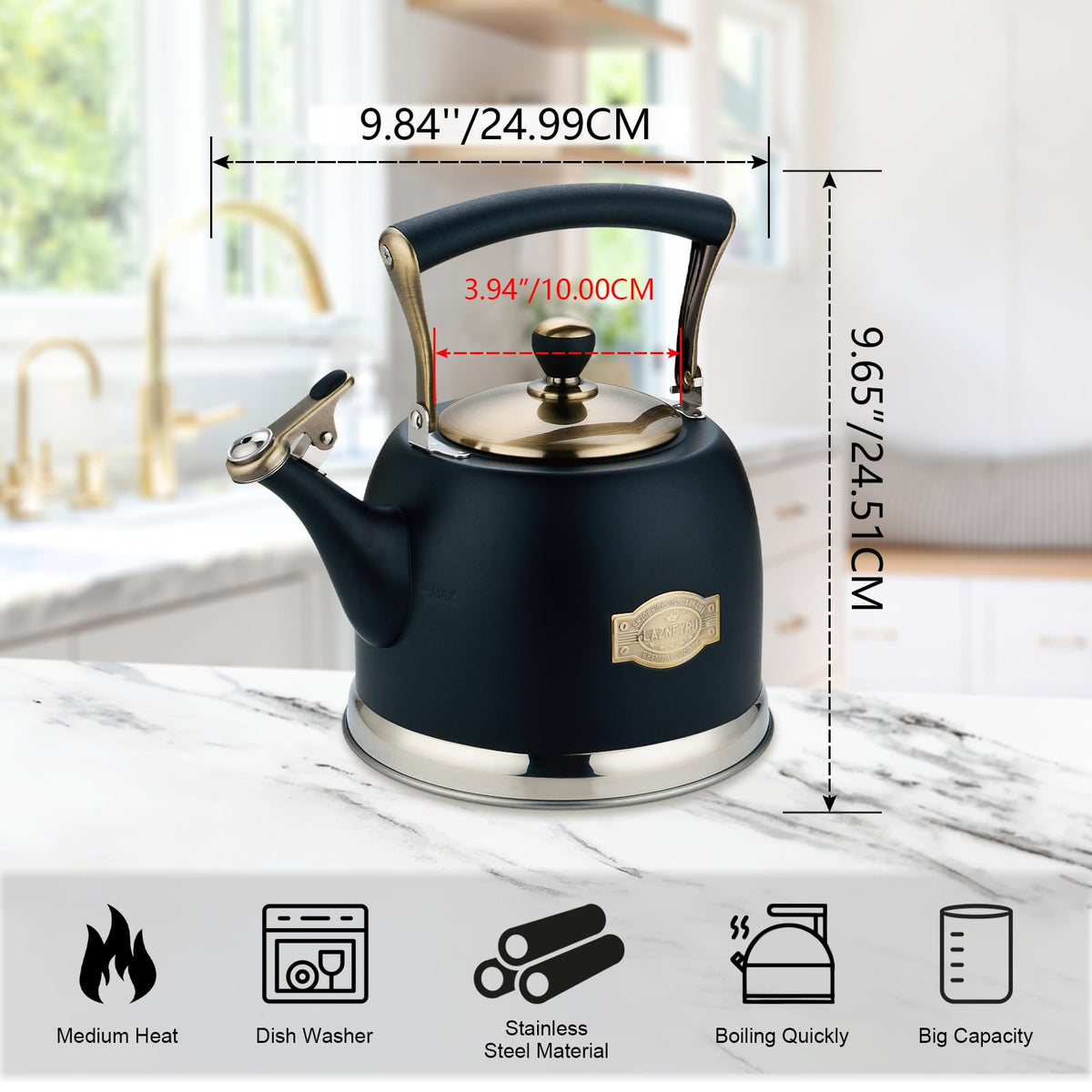 Lazneyru Tea Kettle Stainless Steel Teapot, Stainless Steel Teakettle for Stove Top with Heat Proof Ergonomic Handle 3.0