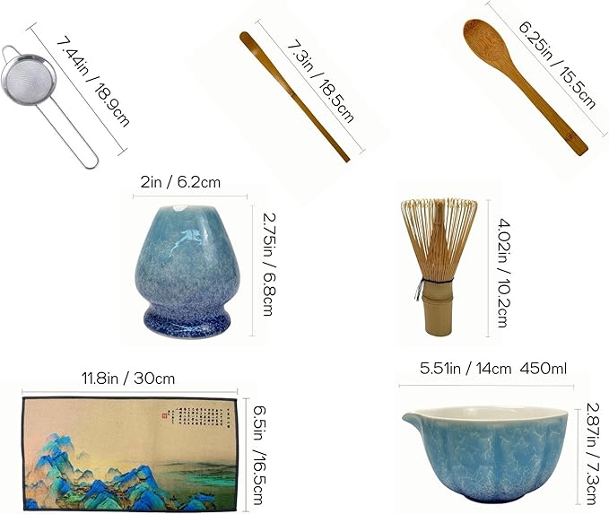 Matcha Whisk set, 8pcs Matcha Making Kit Includes Ceramic Bowl, Bamboo Whisk (Chasen), Whisk Holder, Sifter, Bamboo Scoop, Scoop Rest, Tea Towel