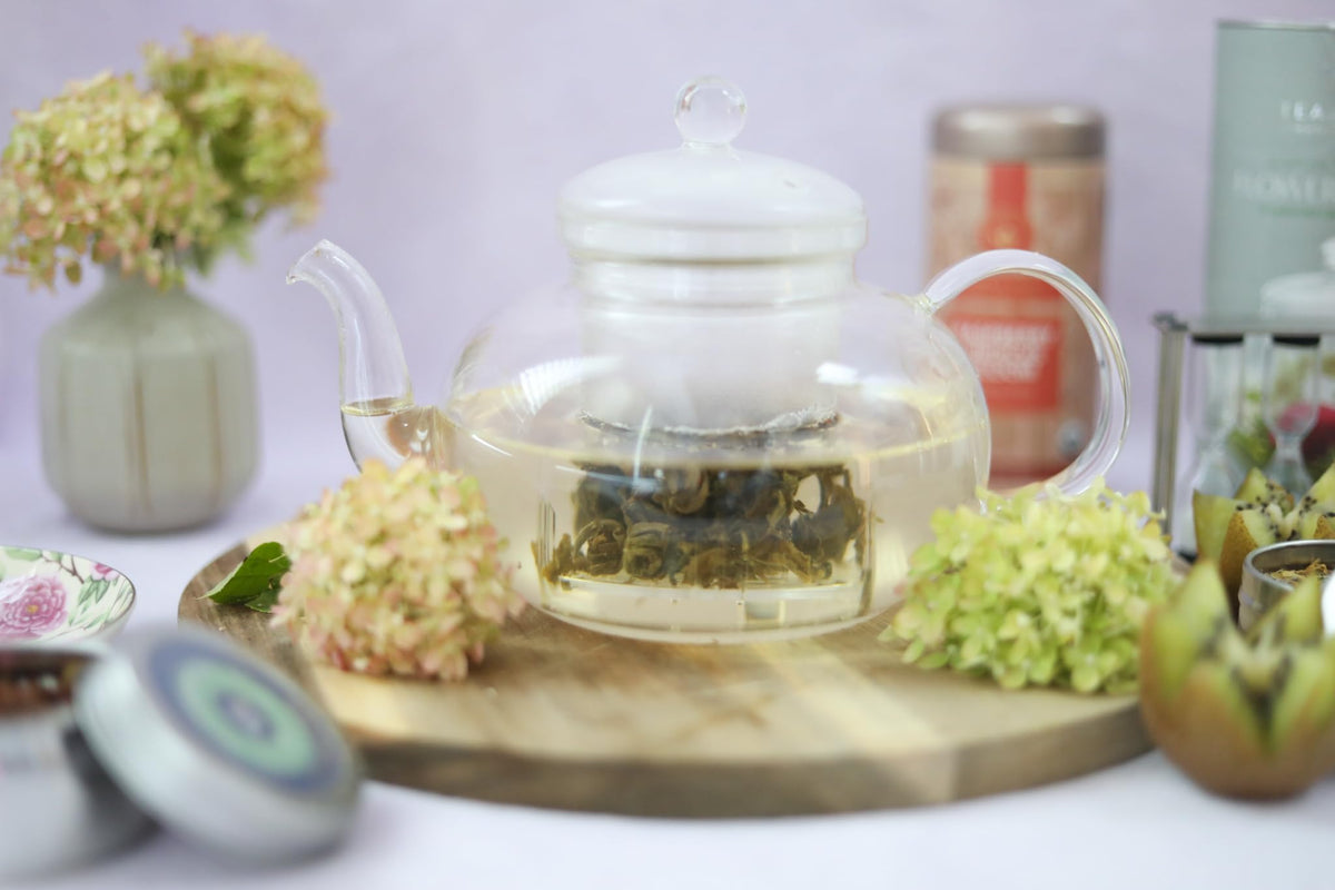 Teabloom Blossoms Glass Teapot – Stovetop and Microwave Safe Borosilicate Glass Teapot with Removable Loose Tea Glass Infuser