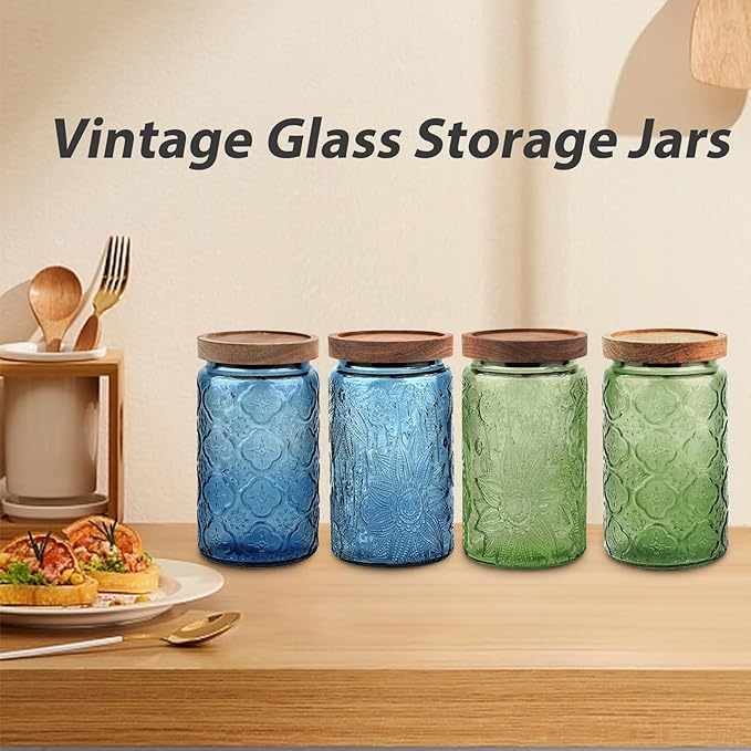 Glass Jar with Lid, Vintage Glass Storage Jars with Airtight Lid Coffee Canister Sugar Container for Kitchen Counter Pantry, Spice, Candy