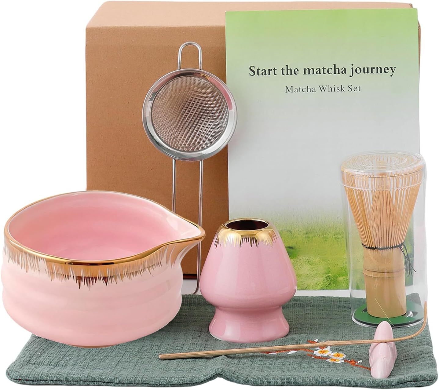 7-Piece Matcha Set, Matcha Bowl &amp; Bamboo Whisk Kit | Ceremonial Matcha Whisk Tools with Golden Texture Details, Japanese Tea Ceremony Starter Kit &amp; Unique Matcha Gift (Pink)