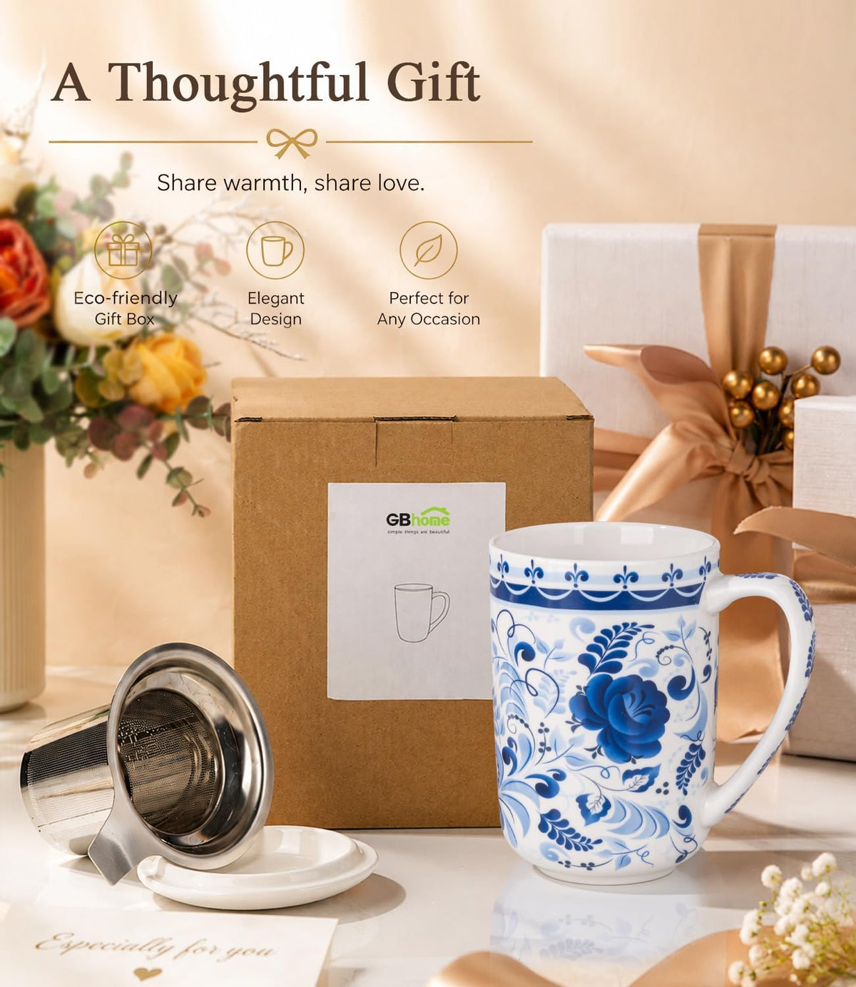 GBhome Tea Mug with Infuser and Lid,18 oz Loose Leaf Tea Cup with Steeper