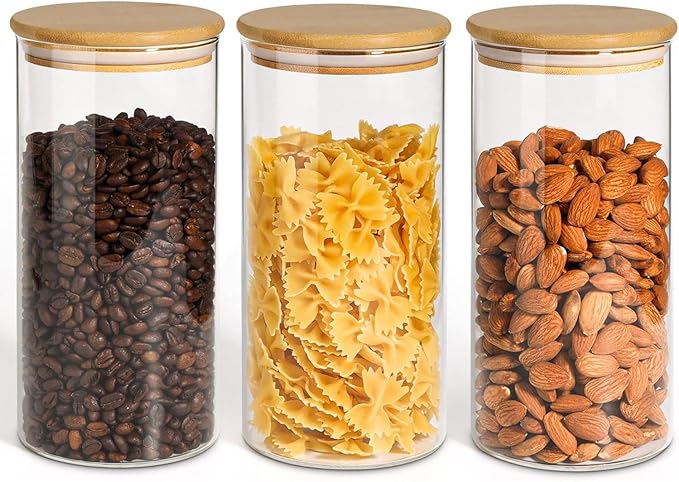 ComSaf Airtight Glass Storage Canister with Wood Lid(1.5 Qt), Set of 3 Glass Jars with Lids