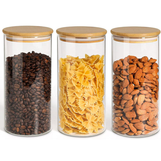 ComSaf Airtight Glass Storage Canister with Wood Lid(1.5 Qt), Set of 3 Glass Jars with Lids