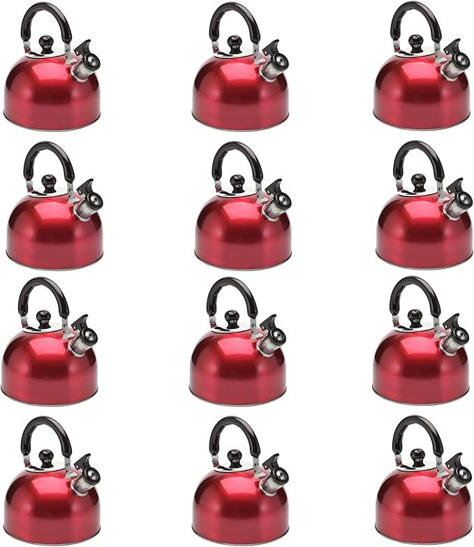 Stainless Steel Stovetop Whistling Tea Kettle 3 Liter (3-Quart) Classic Teapot with Ergonomic Handle, Works on Induction Cooktops Red, Pack of 12