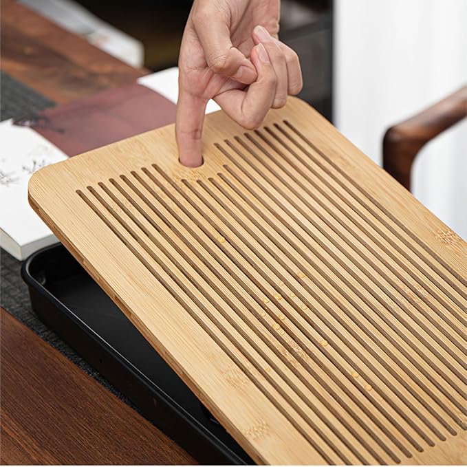 14 Inch Bamboo Chinese Gongfu Tea Tray with Water Storage Drainage, Chinese Gongfu Tea Tray Table Box for Kungfu Tea Set