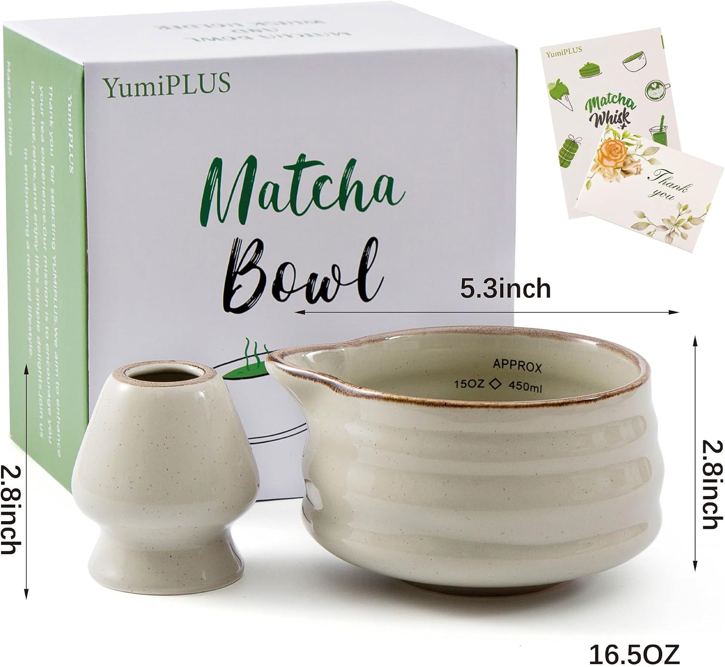 Ceramic Matcha Bowl with Bamboo Whisk Holder, Grey, Set of 2 | 16.5OZ Bowl with Spout and Measurement Marks, Japanese Tea Mixing Bowl with Whisk Stand, Matcha Gift Set, Ideal Gift Choice