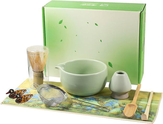 Matcha Whisk Set, 9PCS Ceramic Matcha Tea Set Includes Bowl, Whisk and Holder, Bamboo Scoop, Scoop Rest