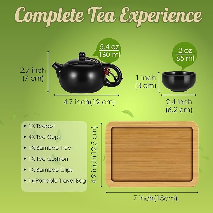Flexzion Chinese Japanese Vintage Kungfu Gongfu Tea Set Portable Travel Teapot, (Matte Black) Porcelain Ceramic Tea Pot, 4 Tea Cup, Bamboo Tea Tray