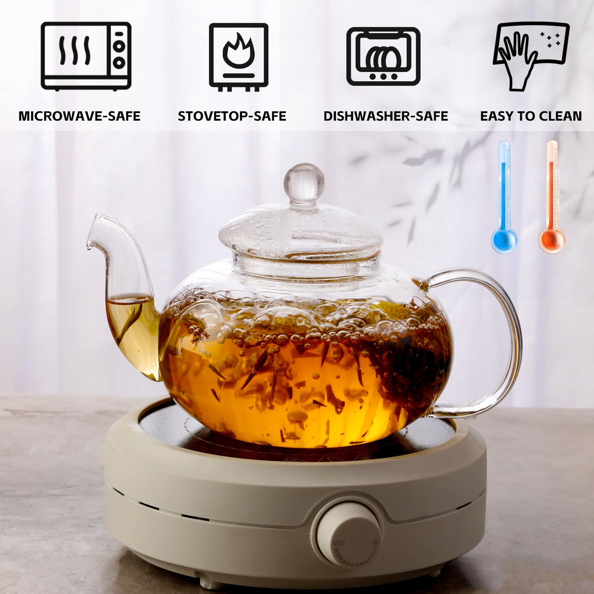 GURUDAR Glass Teapot Set, 34OZ/1000ML Glass Tea Kettle with Loose Tea Infuser & Warmer, 5OZ/150ML Double-Wall Tea Cup Set of