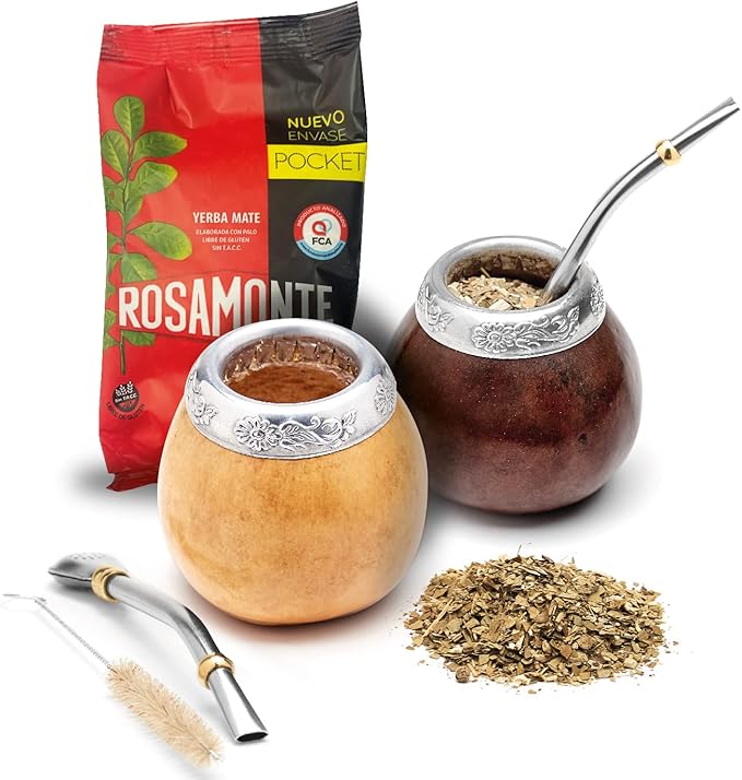 BALIBETOV Yerba Mate Set - 2 Gourds, 2 Bombillas, 1 Cleaning Brush, 100gr Loose Leaf - Dark Brown