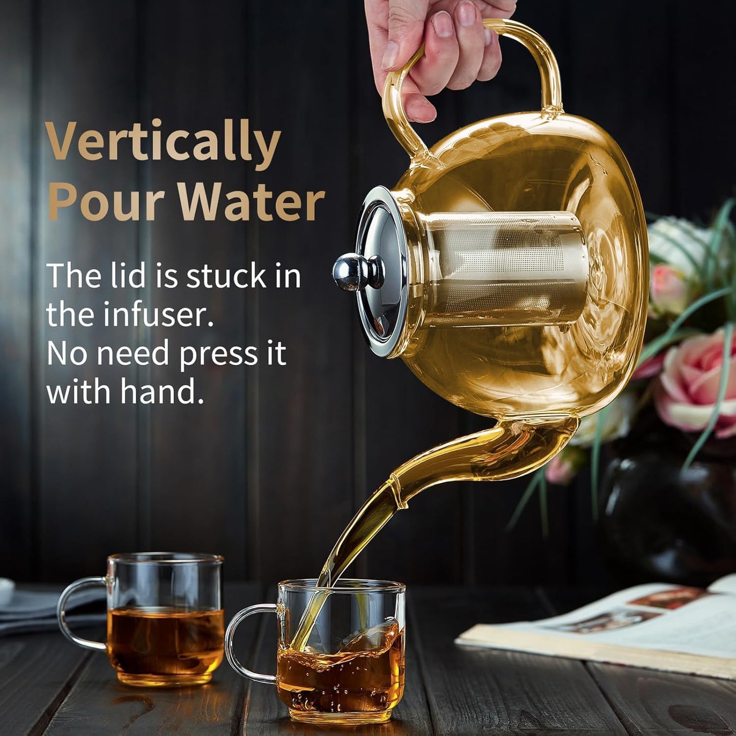 DOPUDO Glass Teapot with Infuser, 40 oz Borosilicate Tea Kettle | Clear borosilicate glass with removable 18/8 steel infuser for stovetop brewing of loose-leaf, herbal, and blooming tea.