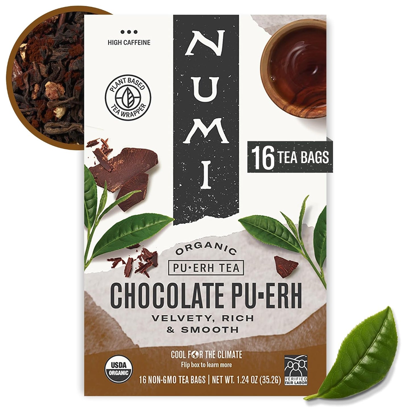 Numi Organic Chocolate Pu-erh Tea, 16 Dark Tea Bags, Aged Yunnan Pu-erh Tea with Cocoa