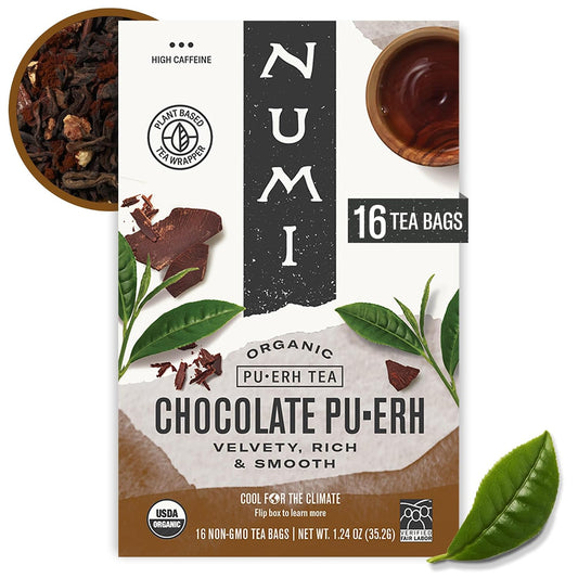 Numi Organic Chocolate Pu-erh Tea, 16 Dark Tea Bags, Aged Yunnan Pu-erh Tea with Cocoa