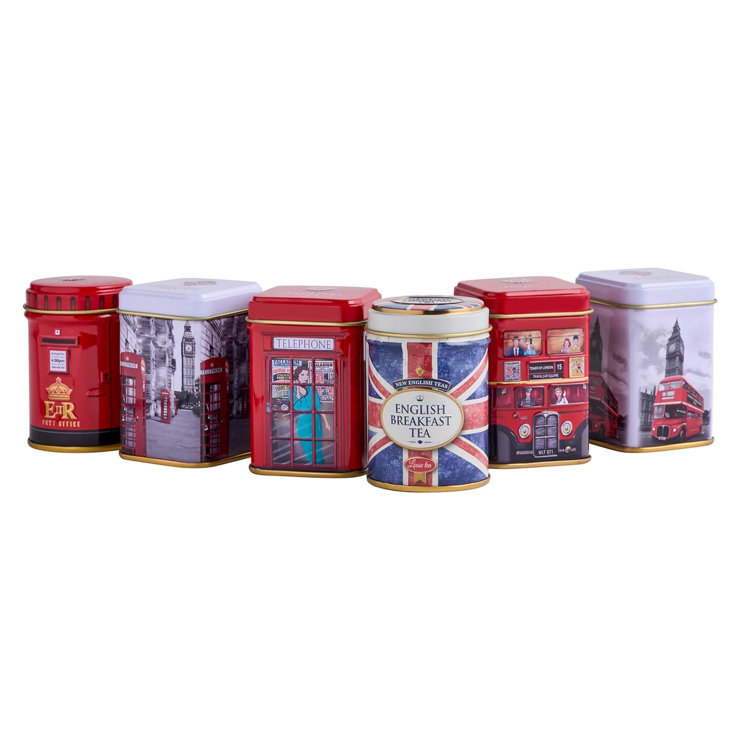 New English Teas British Icons 6x Tea Tin Gift Pack with 5 oz Loose English Tea - Union Jack, London Bus and Phone Box, UK Souvenir